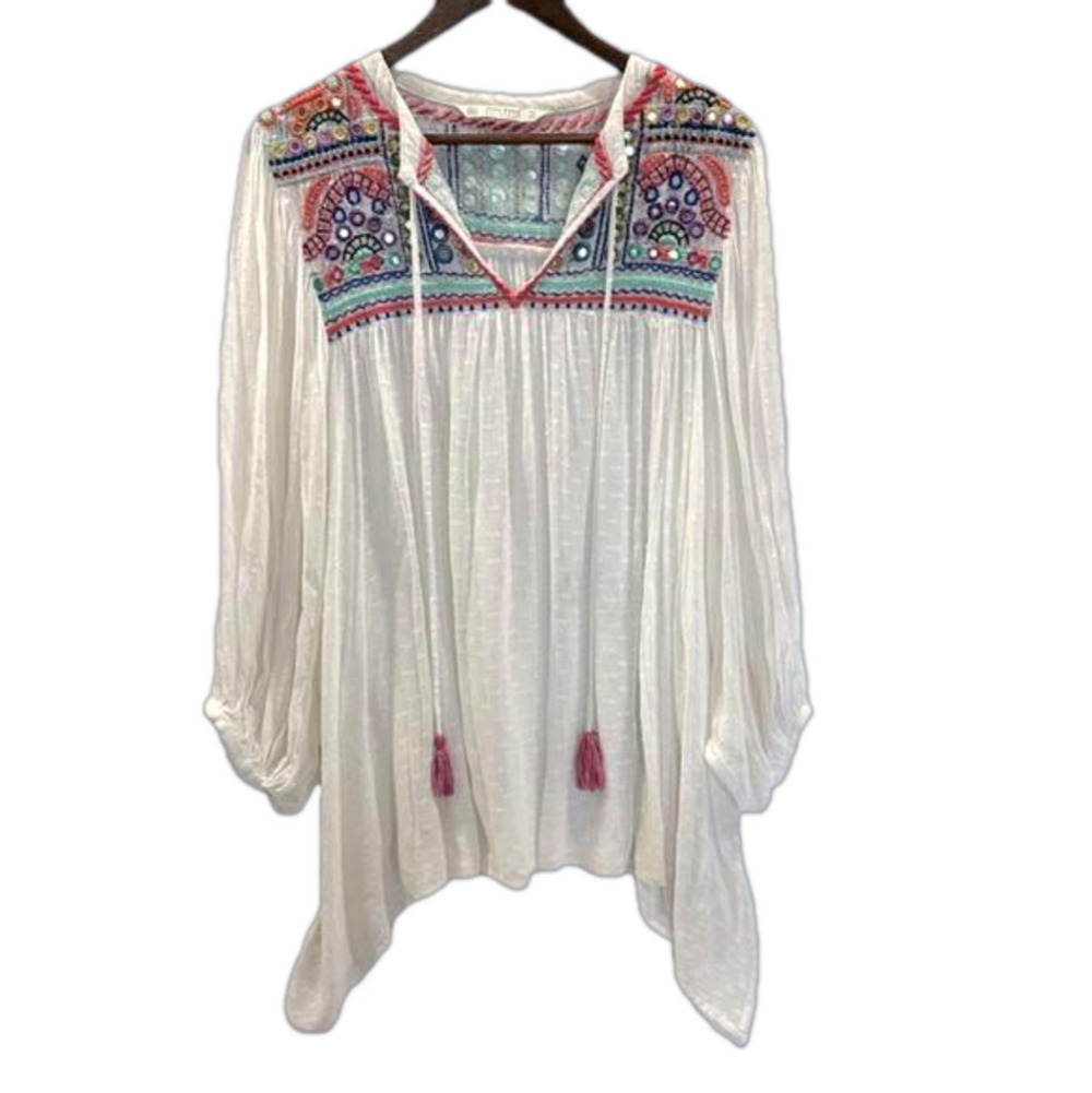 Zara Embroidered and Embellished Boho Sheer Tunic Top Size Small